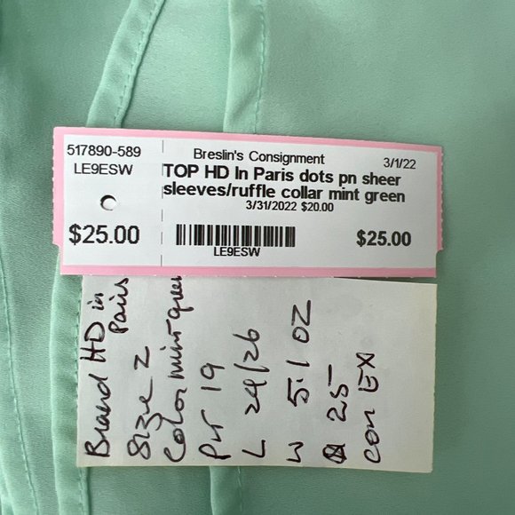 HD In Paris Sheer Sleeve Ruffle Collar Back Button Blouse Top Mint Green Size 2 - Picture 12 of 12